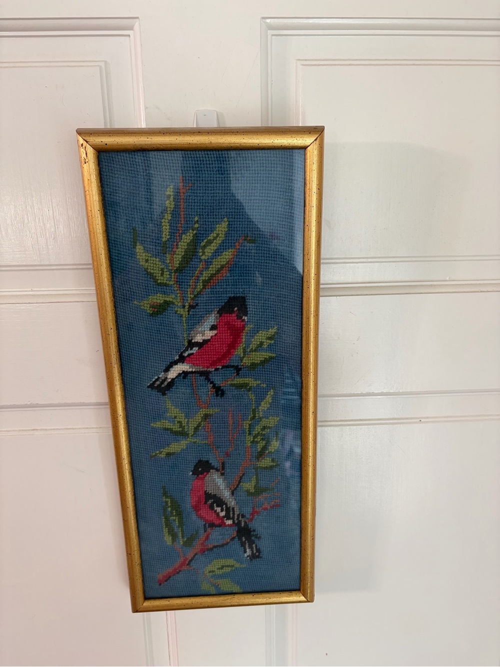 Vintage ‘77 Professionally Framed Robin Red Breast Birds on Branch Needlepoint